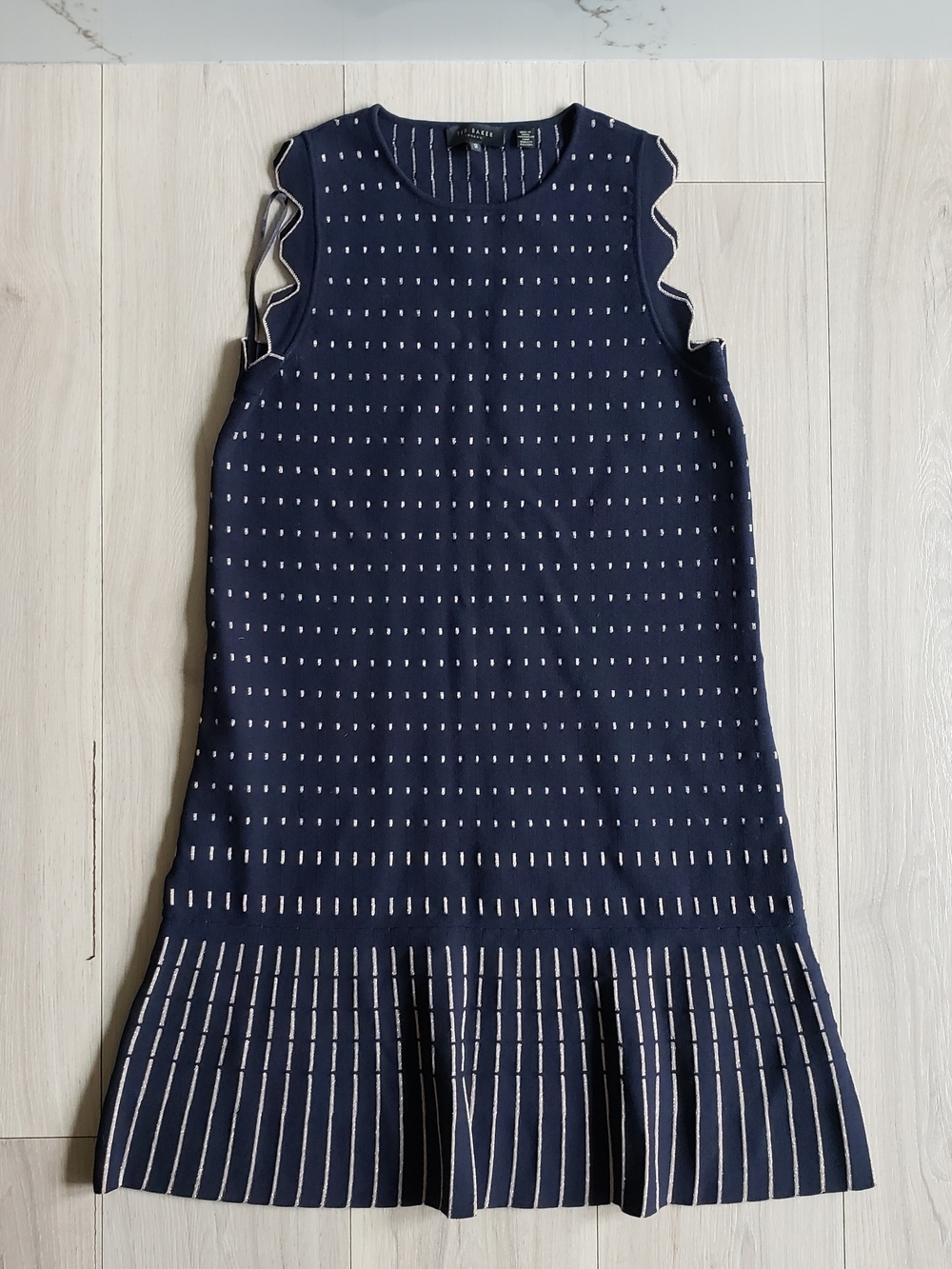 Ted Baker Navy Knit Sleeveless Dress with Cream Trim
